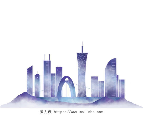 紫色手绘简约水墨风广州城市建筑地标建筑元素PNG素材